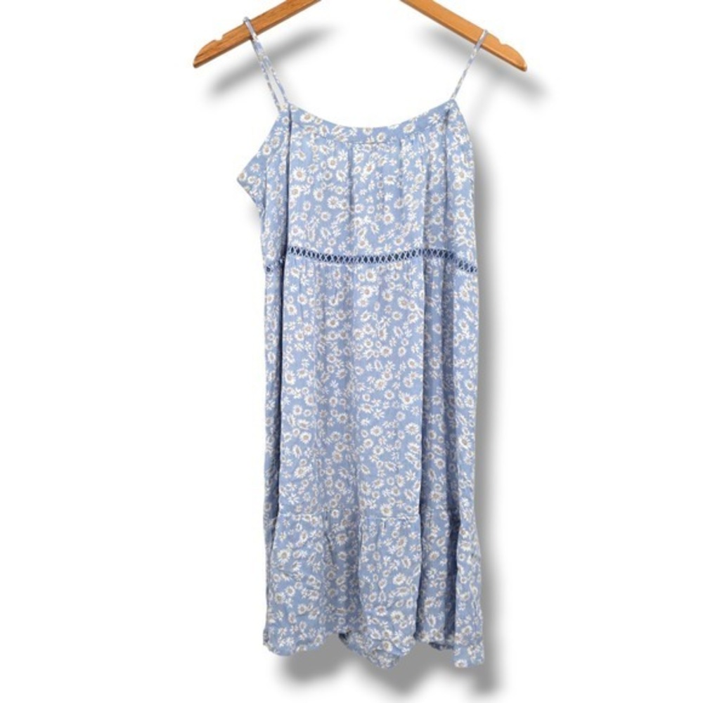 New Pink Rose Blue Floral Daisy Print Tiered Midi Dress Spaghetti Straps Small